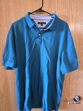 Tommy Hilfiger Men’s Teal Blue Polo Shirt with Embroidered Flag